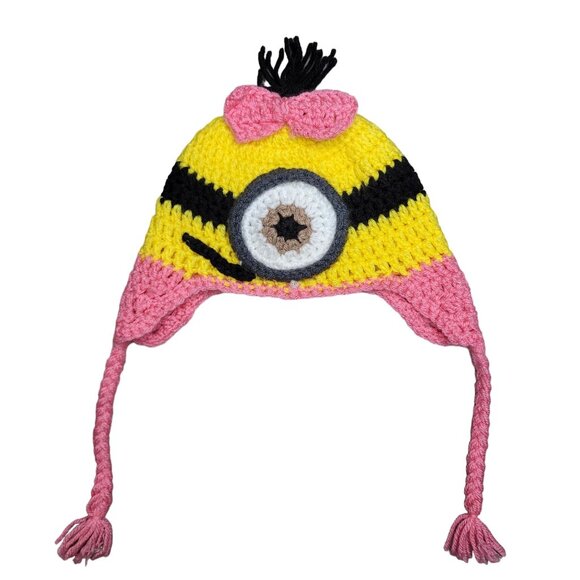 Handmade Crochet Minion Winter Hat With Pink Accents - Kids Size girls - Picture 1 of 2